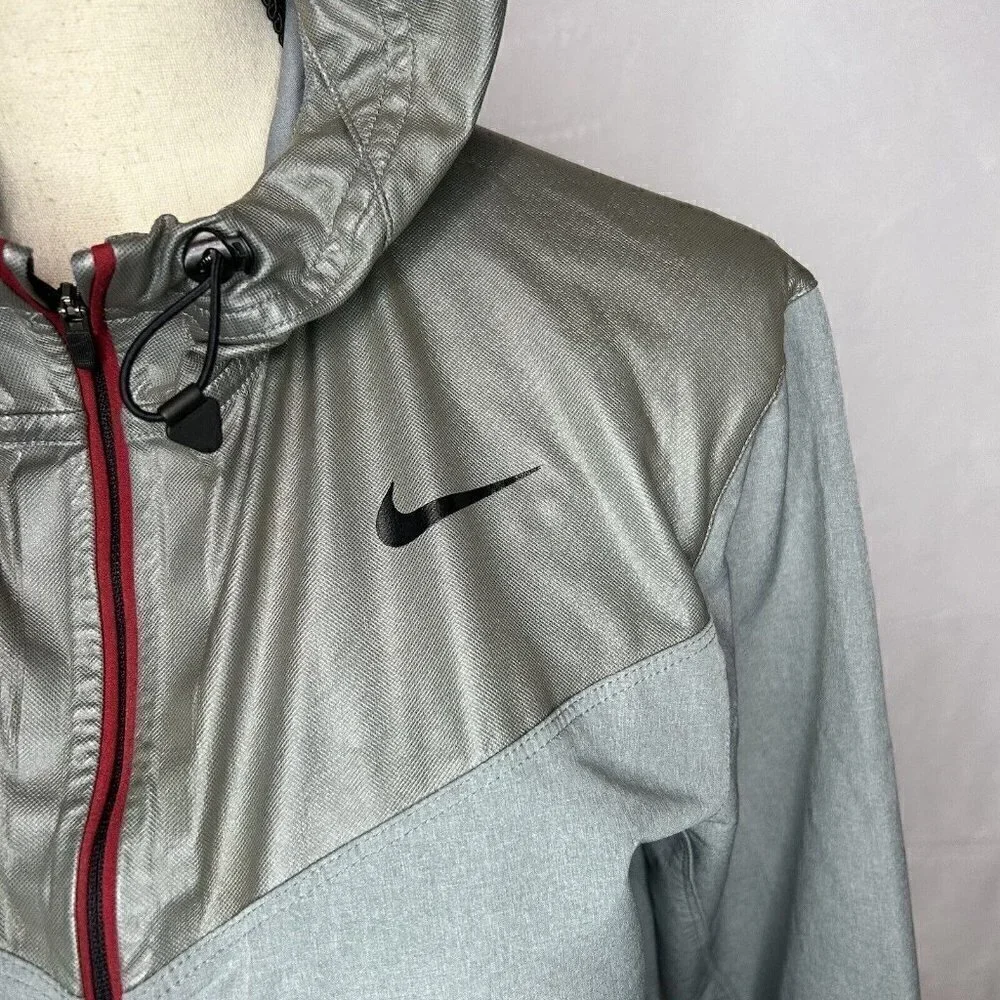 Nike Pro Running Jacket Womens Gray Red Hooded Full Zip Stretch Sz. S